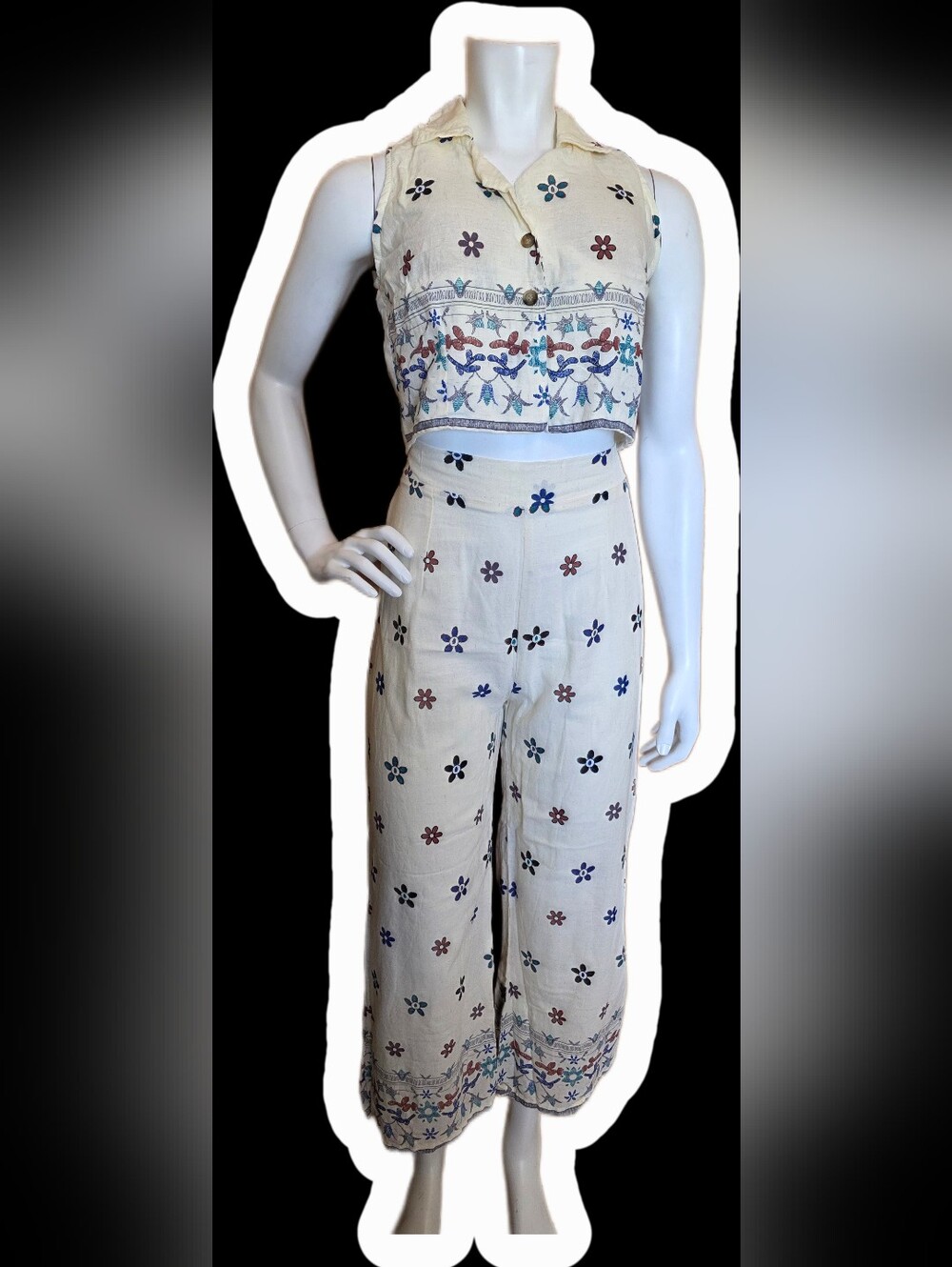 Embroidered Cream Two-Piece Sleeveless Crop Top & Wide-Leg Pants